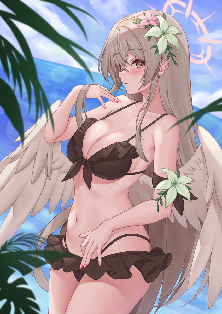 1girl bikini black_bikini blue_archive blue_sky breasts brown_eyes brown_hair closed_mouth cloud commentary_request flower frilled_bikini frills green_flower hair_flower hair_ornament halo highres large_breasts long_hair looking_at_viewer nagisa_(blue_archive) ocean outdoors pcreambang pink_flower pink_halo sky swimsuit thighs white_wings wings