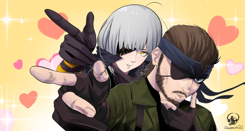 beard big_boss black_jacket blue_eyes brown_hair darkpulsegg eyepatch facial_hair girls'_frontline gloves green_jacket heart highres jacket kerchief looking_at_viewer m16a1_(boss)_(girls'_frontline) m16a1_(girls'_frontline) metal_gear_(series) mole mole_under_eye white_hair yellow_eyes