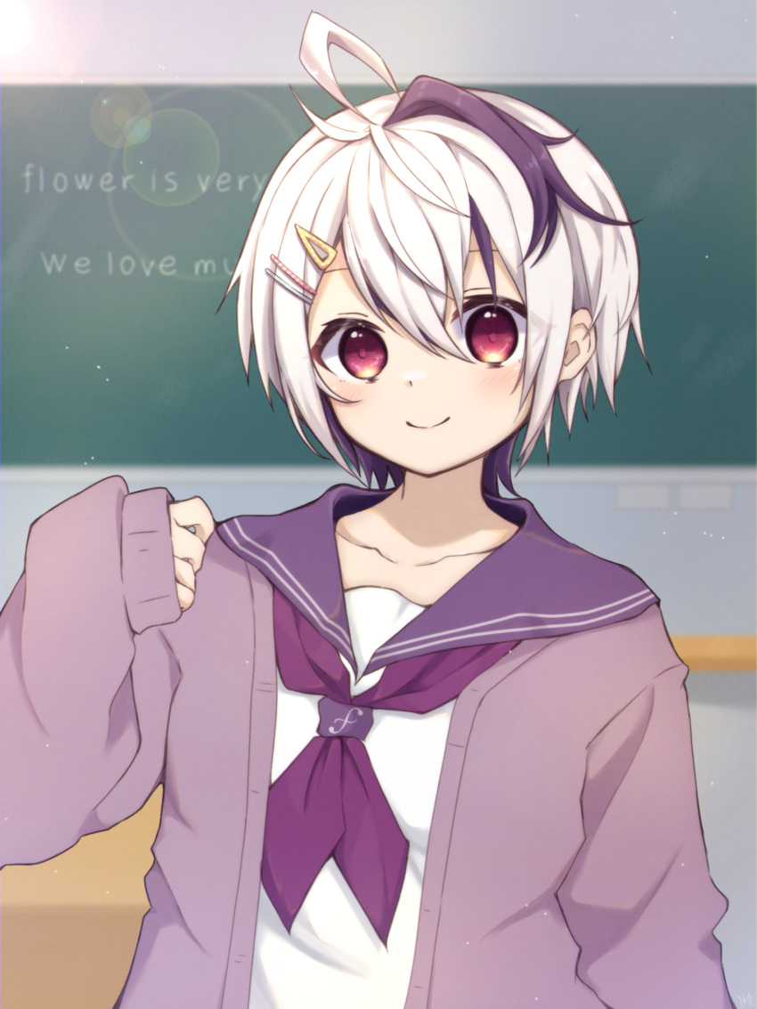 1girl ahoge chalkboard classroom collarbone english_text flower_(vocaloid) flower_(vocaloid4) hair_ornament hairclip highres indoors jacket long_sleeves looking_at_viewer multicolored_hair neckerchief purple_eyes purple_hair purple_jacket purple_neckerchief purple_sailor_collar rageno0000 sailor_collar school shirt sleeves_past_wrists smile solo streaked_hair tomboy vocaloid white_hair white_shirt