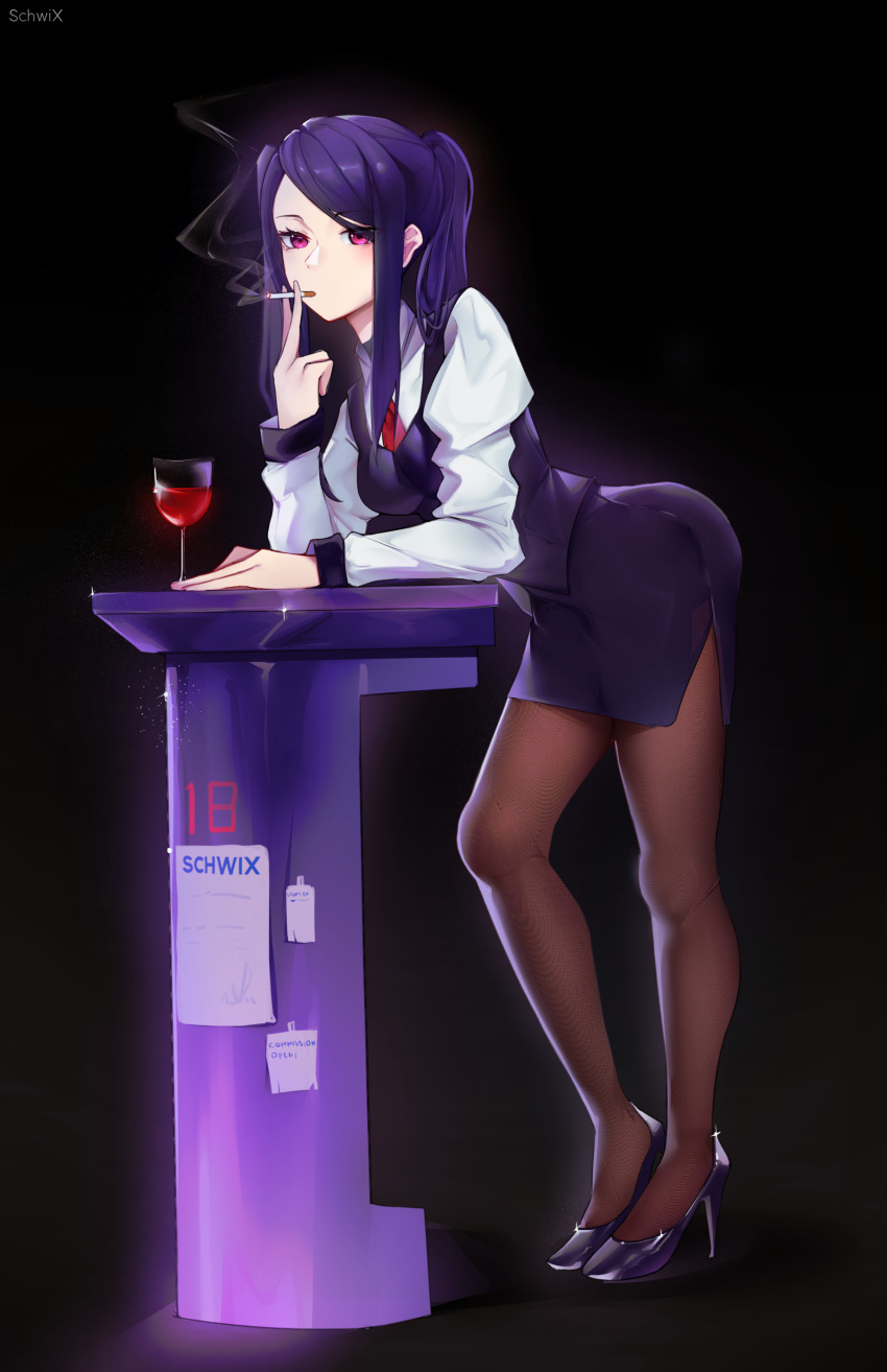 1girl absurdres alcohol artist_name black_footwear black_skirt black_vest brown_pantyhose cigarette collared_shirt cup drinking_glass full_body high_heels highres holding holding_cigarette jill_stingray long_hair long_sleeves looking_at_viewer necktie pantyhose pencil_skirt purple_eyes purple_hair red_necktie schwix shirt skirt smoking solo standing twintails va-11_hall-a vest white_shirt wine wine_glass