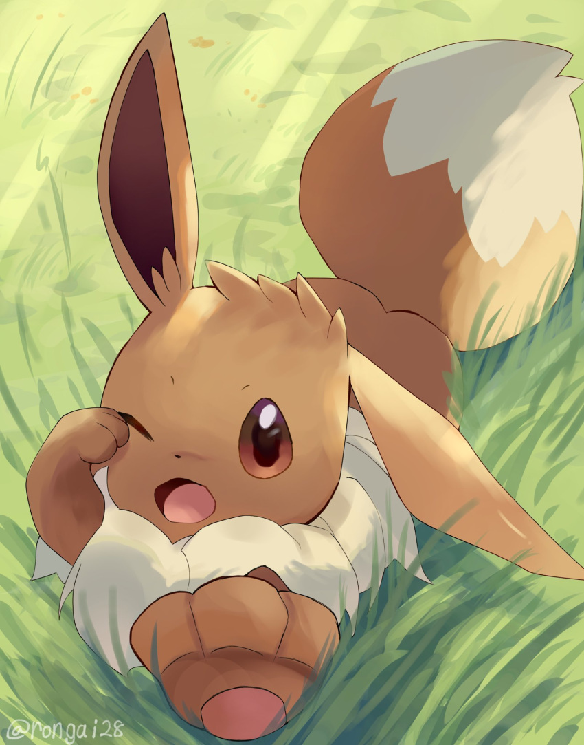 animal_focus artist_name brown_eyes brown_fur commentary_request dot_nose eevee highres mane no_humans on_grass one_eye_closed open_mouth pawpads pokemon pokemon_(creature) rongai28 tail twitter_username