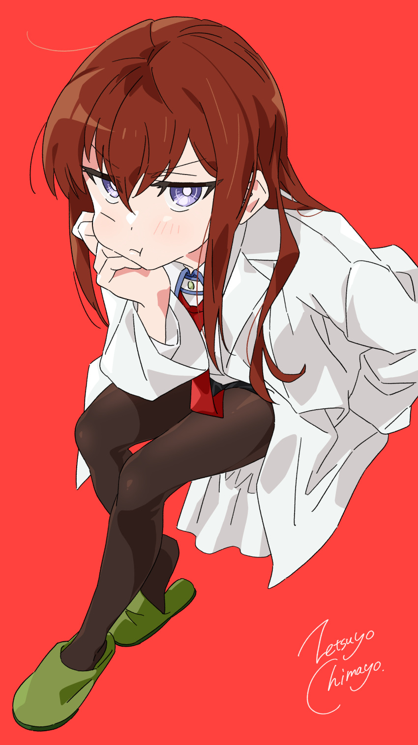 1girl :t absurdres artist_name black_pantyhose blue_eyes bright_pupils closed_mouth coat collared_coat from_above frown green_footwear hand_on_own_cheek hand_on_own_face highres invisible_chair lab_coat long_hair long_sleeves looking_at_viewer makise_kurisu pantyhose pout red_background red_hair sidelocks signature simple_background sitting slippers solo steins;gate white_coat white_pupils zetsuyo_chimayo