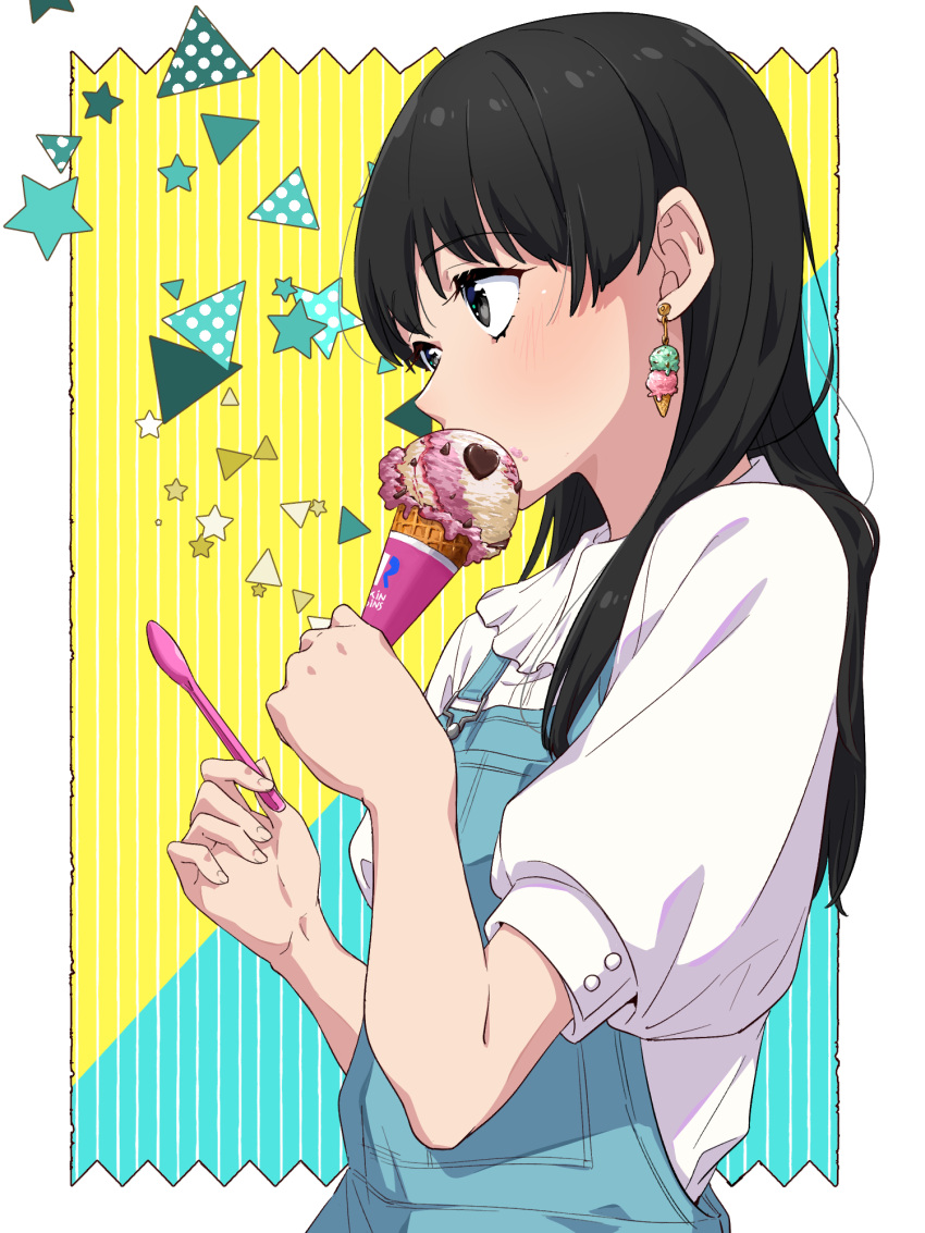 1girl aqua_background biting black_hair blue_overalls blush confetti earrings eating edomon-do eyelashes food food-themed_earrings food_on_face from_side hands_up heart highres holding holding_food holding_ice_cream holding_spoon ice_cream jewelry kuroha_(mona_lisa_no_zaregoto) long_hair looking_ahead mona_lisa_no_zaregoto outside_border overalls profile shirt short_sleeves soft_serve solo spoon star_(symbol) triangle two-tone_background upper_body white_background white_shirt yellow_background