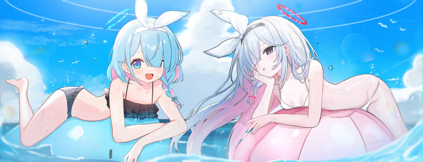 2girls afloat arona_(blue_archive) bikini bird black_bikini blue_archive blue_eyes blue_hair blue_halo blue_pupils blue_sky braid cloud colored_inner_hair commentary_request deevile_0122 frilled_bikini frills grey_eyes hair_over_one_eye halo head_rest highres inflatable_toy inflatable_whale korean_commentary light_blue_hair long_hair looking_at_viewer lying multicolored_hair multiple_girls ocean on_stomach open_mouth outdoors pink_hair plana_(blue_archive) red_halo red_pupils seagull short_hair single_braid sky smile swimsuit white_bikini white_hair