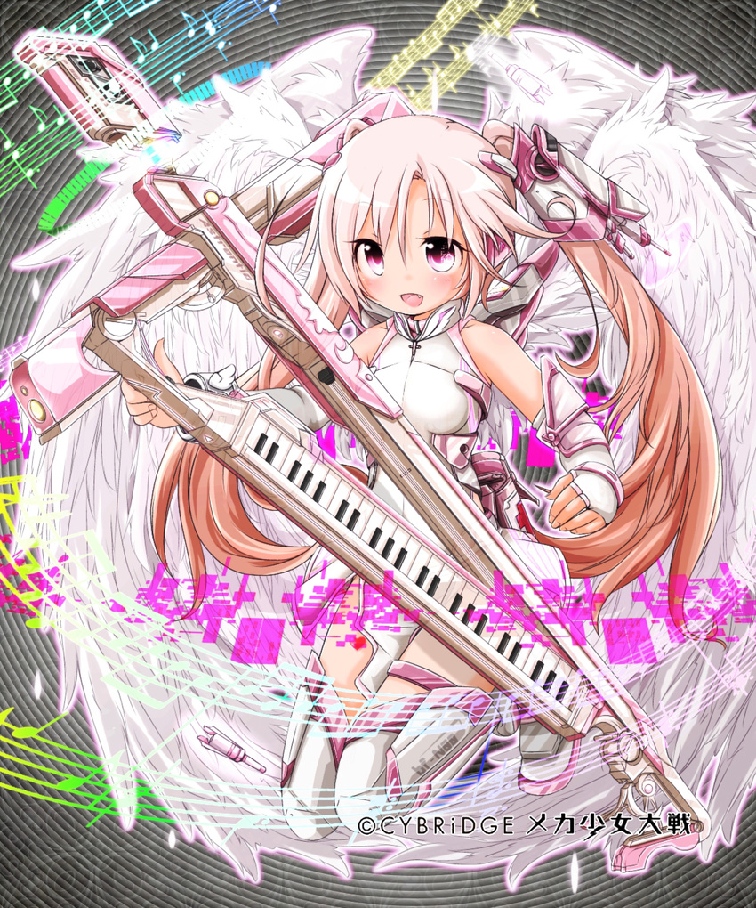 akino_coto bare_shoulders blush dress full_body highres instrument keyboard_(instrument) keytar long_hair machinery md5_mismatch mecha_shoujo_taisen_z microphone microphone_stand open_mouth sleeveless sleeveless_dress smile solo twintails white_dress
