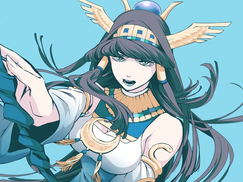 black_hair blue_eyes blue_lipstick breasts cleavage detached_sleeves egyptian foreshortening head_wings isis_(p&amp;d) jewelry large_breasts lipstick long_hair makeup nagi_kanako puzzle_&amp;_dragons snake solo