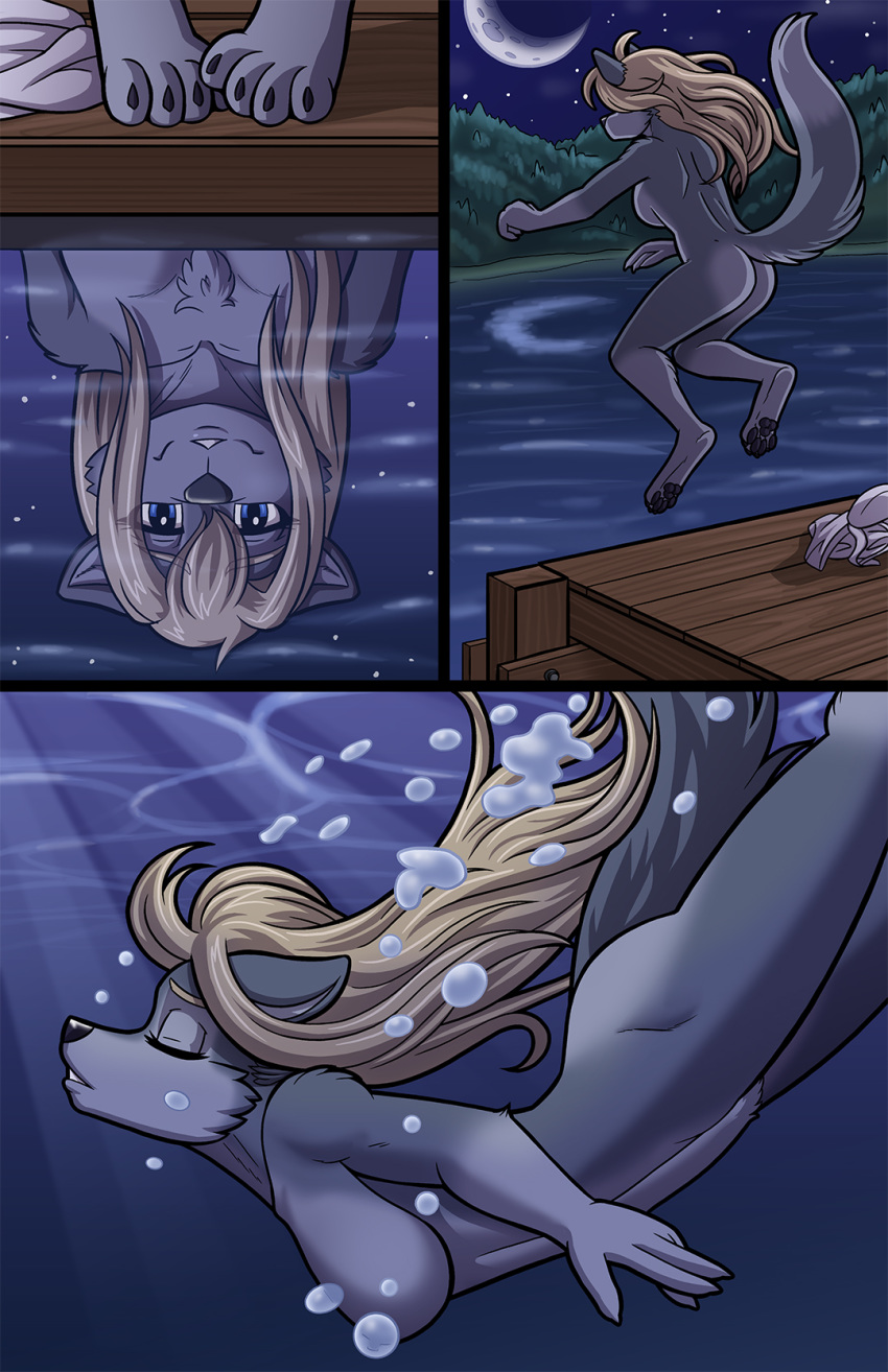 2018 anthro blonde_hair blue_eyes bra breasts butt camp_pines canine chest_tuft clothing comic convenient_censorship diving dock eyes_closed feet female forest full_body fur grey_fur hair heresy_(artist) jensca lake long_hair mammal moon night nude outside panties pawpads pubes reflection shirt skinny_dipping solo star t-shirt tasteful_nudity tree tuft underwear wolf