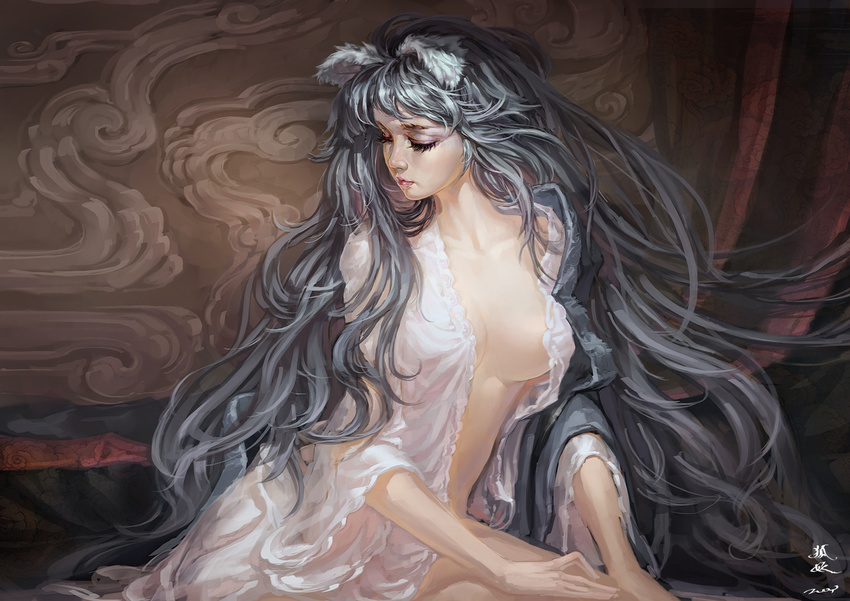 animal_ears breasts closed_eyes eyelashes face highres large_breasts lips long_hair nightgown open_clothes original silver_hair solo very_long_hair zhang_wei_yi