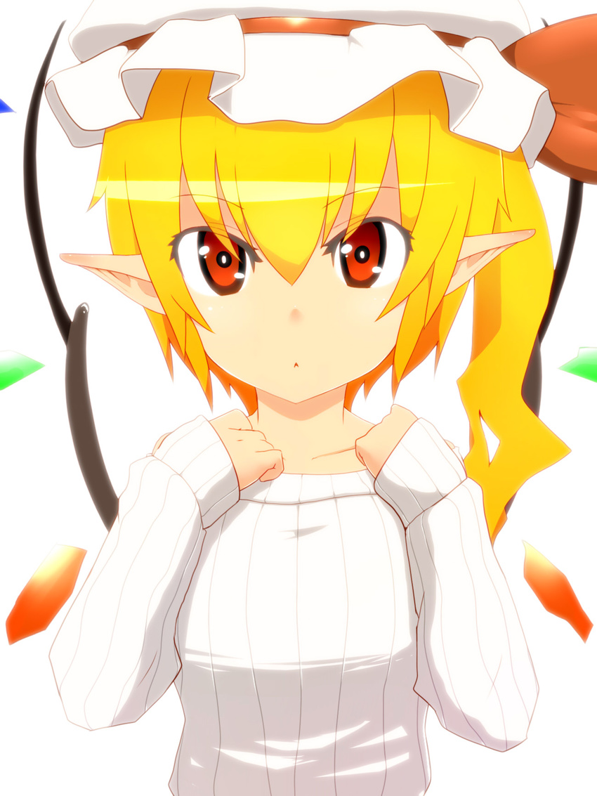 :&lt; bad_id bad_pixiv_id blonde_hair flandre_scarlet hat hat_ribbon highres looking_at_viewer mantarou_(shiawase_no_aoi_tori) pointy_ears red_eyes ribbed_sweater ribbon short_hair side_ponytail simple_background solo sweater touhou white_background wings
