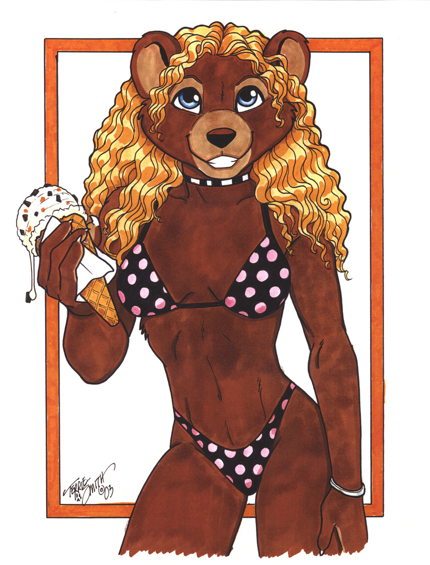 absurd_res anthro bear bikini blonde_hair choker clothing female hair hi_res ice_cream looking_at_viewer mammal pinup pose smile solo swimsuit terrie_smith tight_clothing