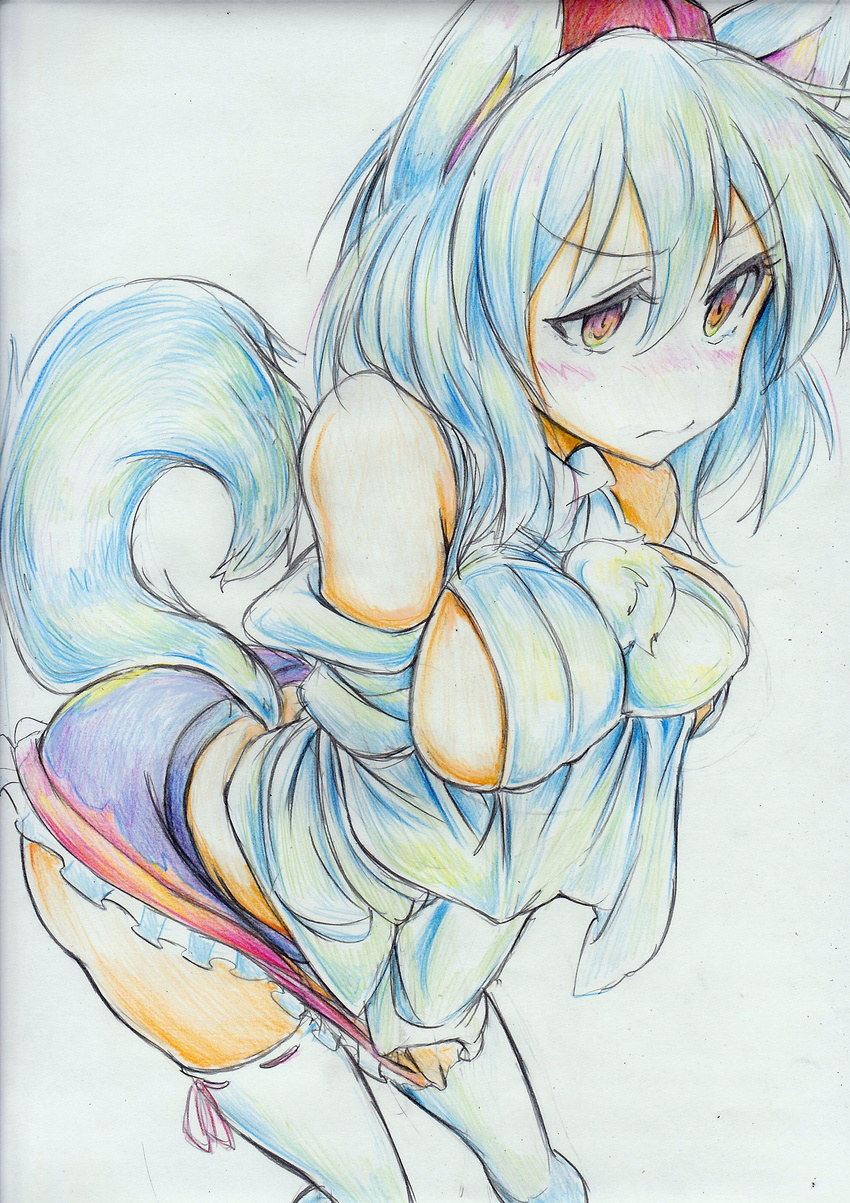absurdres animal_ears bare_shoulders bent_over blush breasts colored_pencil_(medium) detached_sleeves hat highres inubashiri_momiji kitazinger large_breasts pom_pom_(clothes) red_eyes short_hair silver_hair skirt skirt_pull solo tail tears thighhighs tokin_hat touhou traditional_media wolf_ears wolf_tail
