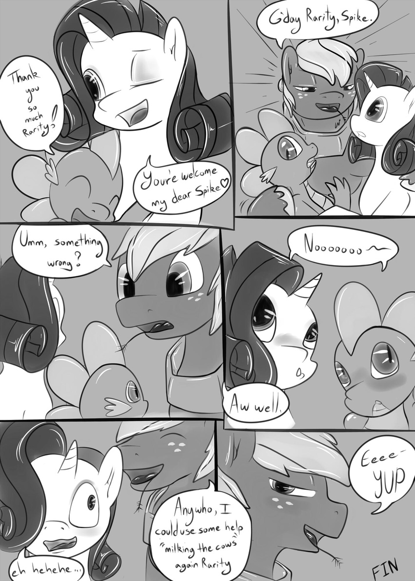 &lt;3 big_macintosh_(mlp) blush comic dialog dragon english_text equine female feral freckles friendship_is_magic greyscale group horn horse male mammal monochrome my_little_pony one_eye_closed open_mouth pony rarity_(mlp) saurian_(artist) scalie spike_(mlp) text unicorn wink