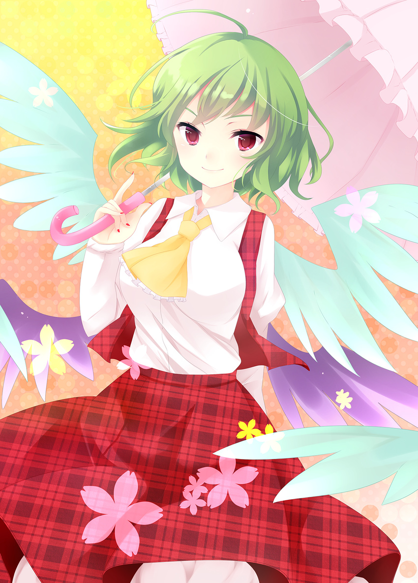 ahoge ajiriko ascot bad_id bad_pixiv_id banned_artist bird_wings flower green_hair highres kazami_yuuka looking_at_viewer multiple_wings nail_polish open_clothes open_vest parasol red_eyes red_nails shirt short_hair skirt smile solo touhou umbrella vest wings