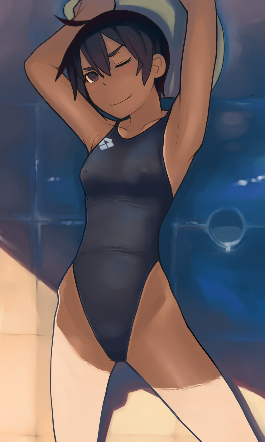 arena_(company) armpits arms_up black_eyes black_hair blush breasts competition_swimsuit covered_nipples highres lvi medium_breasts one-piece_swimsuit one_eye_closed original short_hair swimsuit tan tanline