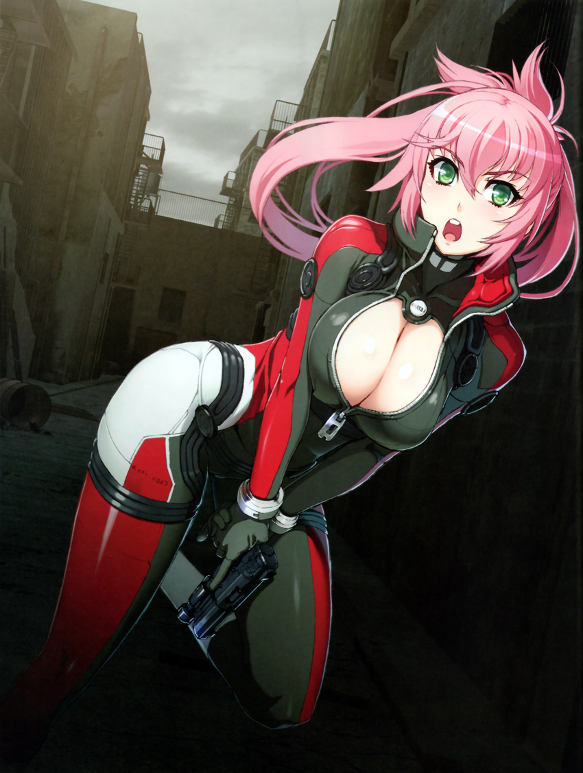 :o absurdres alley amanda_werner bangs barrel black_bodysuit blassreiter blush bodysuit bracer breast_squeeze breasts building city cleavage cleavage_cutout cloud cloudy_sky eyebrows_visible_through_hair green_eyes gun hair_between_eyes hair_rings handgun highres hips holding holding_gun holding_weapon ladder large_breasts leaning_forward leg_lift leg_up long_hair nishii_(nitroplus) official_art open_mouth outdoors pink_hair pistol railing running scan skin_tight sky solo trigger_discipline turtleneck unzipped v_arms weapon zipper zipper_pull_tab