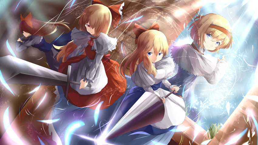 alice_margatroid apron back bad_id bad_pixiv_id blonde_hair blue_eyes bow capelet doll dress hair_bow hairband highres hizagawa_rau hourai_doll lance long_hair looking_back polearm ribbon shanghai_doll short_hair smile string sword touhou weapon