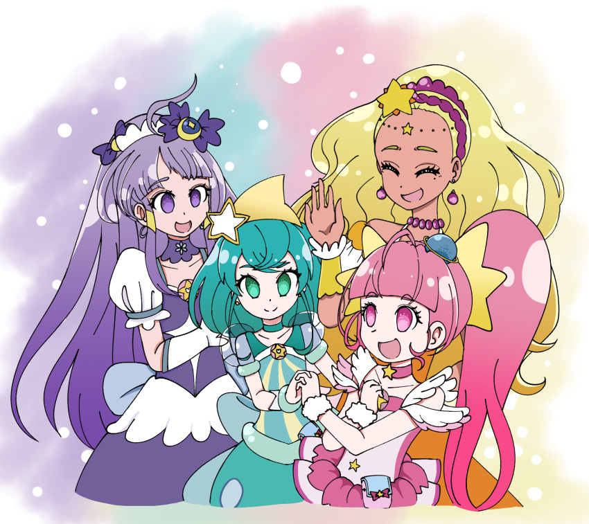 4girls bead_necklace beads blonde_hair character_request choker dark_skin earrings eyes_closed gloves highres hikaji jewelry magical_girl multiple_girls necklace planet_hair_ornament precure sleeveless star_twinkle_precure