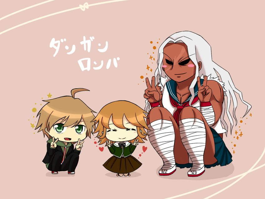 2boys ^_^ ahoge bandages blue_sailor_collar blush_stickers brown_hair chibi closed_eyes danganronpa danganronpa_1 dark_skin double_v fujisaki_chihiro green_eyes heart hood hoodie kneeling multiple_boys muscle muscular_female naegi_makoto oogami_sakura otoko_no_ko panties pantyshot pantyshot_(squatting) sailor_collar scar school_uniform seika1818 serafuku smile sparkle squatting star translated underwear v white_hair