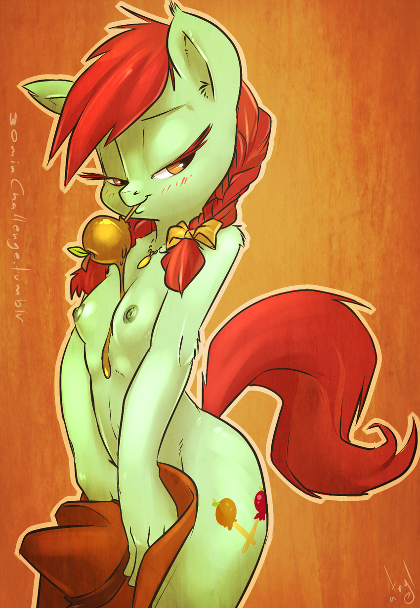 atryl blush breasts candy_apple candy_apple_(mlp) caramel covering cowboy_hat cutie_mark equine female friendship_is_magic half-closed_eyes hat horse mammal my_little_pony necklace nude pigtails pony raised_tail seductive small_breasts solo