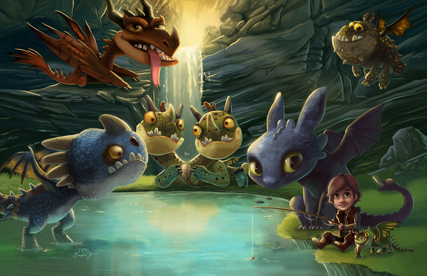 chibi cute deadly_nadder dragon feral grass green_scales gronckle hiccup_(httyd) hideous_zippleback how_to_train_your_dragon human male mammal monstrous_nightmare night_fury outside red_scales terrible_terror toothless tsaoshin water waterfall wings