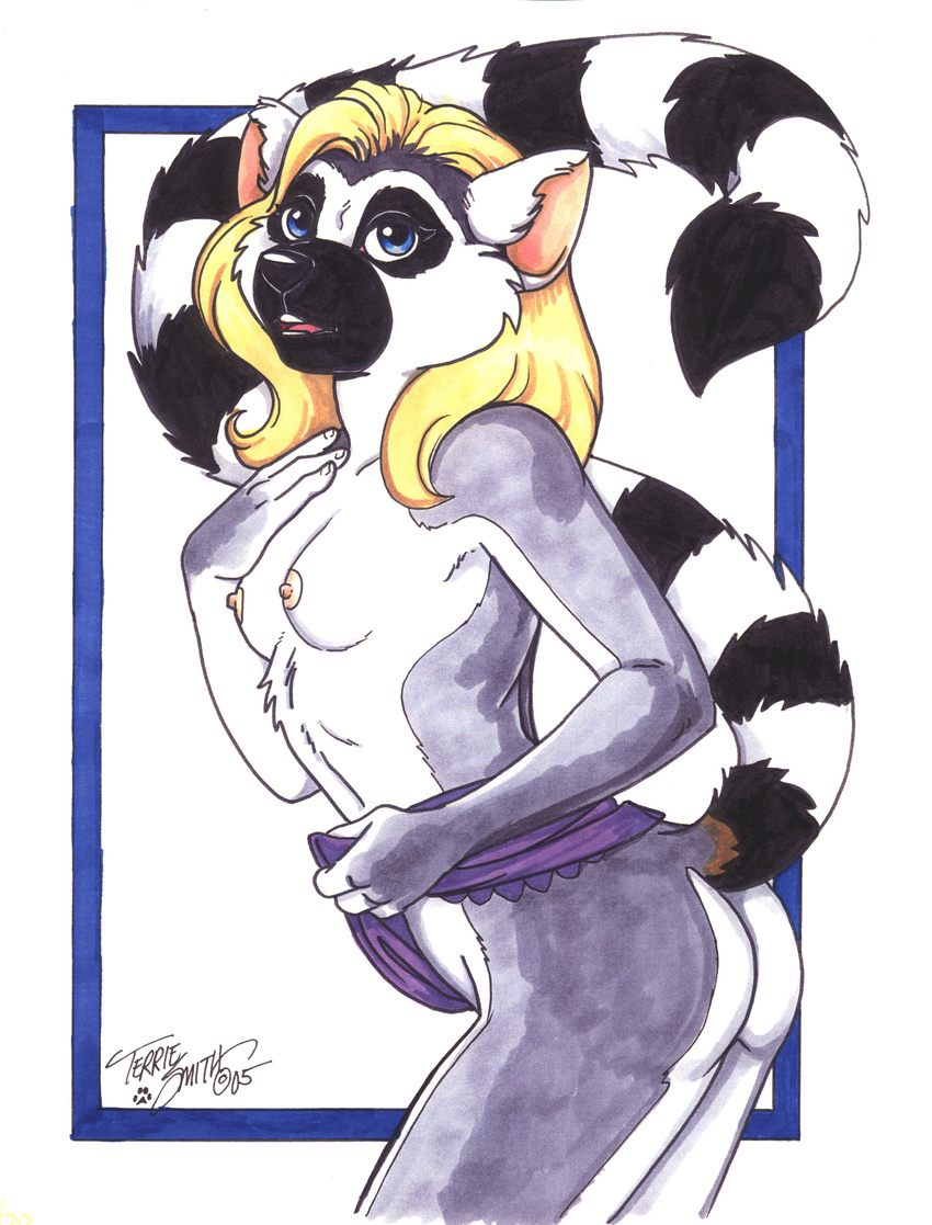 absurd_res anthro blonde_hair blue_eyes breasts butt female hair hi_res lemur mammal nipples nude pinup pose primate ringtail solo terrie_smith