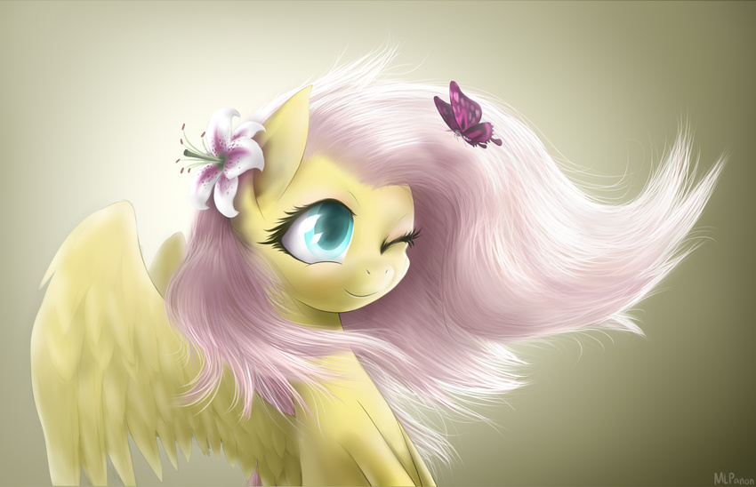 blue_eyes butterfly equine feathers female feral flower fluttershy_(mlp) friendship_is_magic fur gradient_background hair horse insect long_hair mammal mlpanon my_little_pony one_eye_closed pegasus pink_hair pony smile solo theformlpganon wings yellow_fur