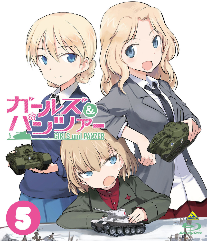 blonde_hair blue_eyes blue_sweater caterpillar_tracks churchill_(tank) darjeeling emblem fang girls_und_panzer ground_vehicle highres katyusha kay_(girls_und_panzer) m4_sherman medium_tank military military_vehicle motor_vehicle multiple_girls official_art open_mouth pravda_(emblem) pravda_school_uniform saunders_(emblem) saunders_school_uniform school_uniform shimada_fumikane st._gloriana's_(emblem) st._gloriana's_school_uniform sweater t-34 tank