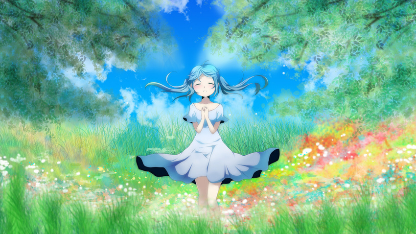 blue_hair flowers hatsune_miku mariwai_(marireroy) tree vocaloid