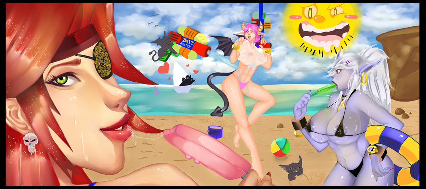 areola beach big_breasts breasts cleavage clothed clothing dark_elf demon ear_piercing elf erect_nipples eye_patch eyewear female horn huge_breasts human ice_cream looking_at_viewer mammal nipples piercing seaside smile succubus syx wet wet_shirt wet_t-shirt wings