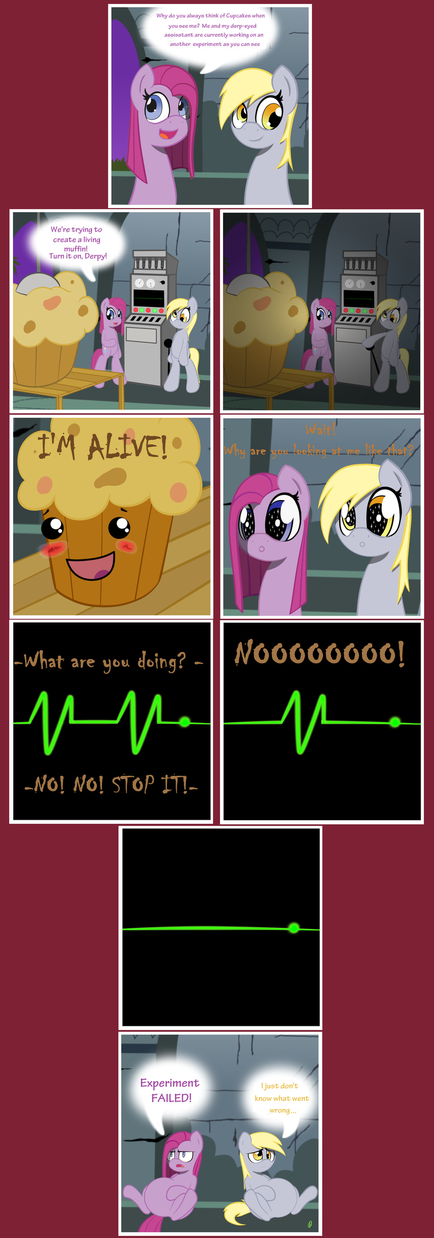 blonde_hair blue_eyes comic derpy derpy_hooves_(mlp) dialog english_text equine female feral food friendship_is_magic group hair hi_res horse mammal muffin my_little_pony pink_hair pinkamena_(mlp) pinkie_pie_(mlp) pony smile text
