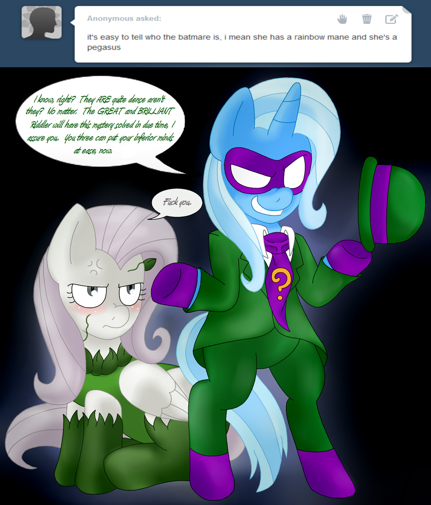 batman batman_(series) bipedal blackbewhite2k7 clothing crossover dialog duo english_text equine female feral fluttershy_(mlp) friendship_is_magic hi_res horn mammal my_little_pony pegasus poison_ivy sitting text the_riddler trixie trixie_(mlp) unicorn wings