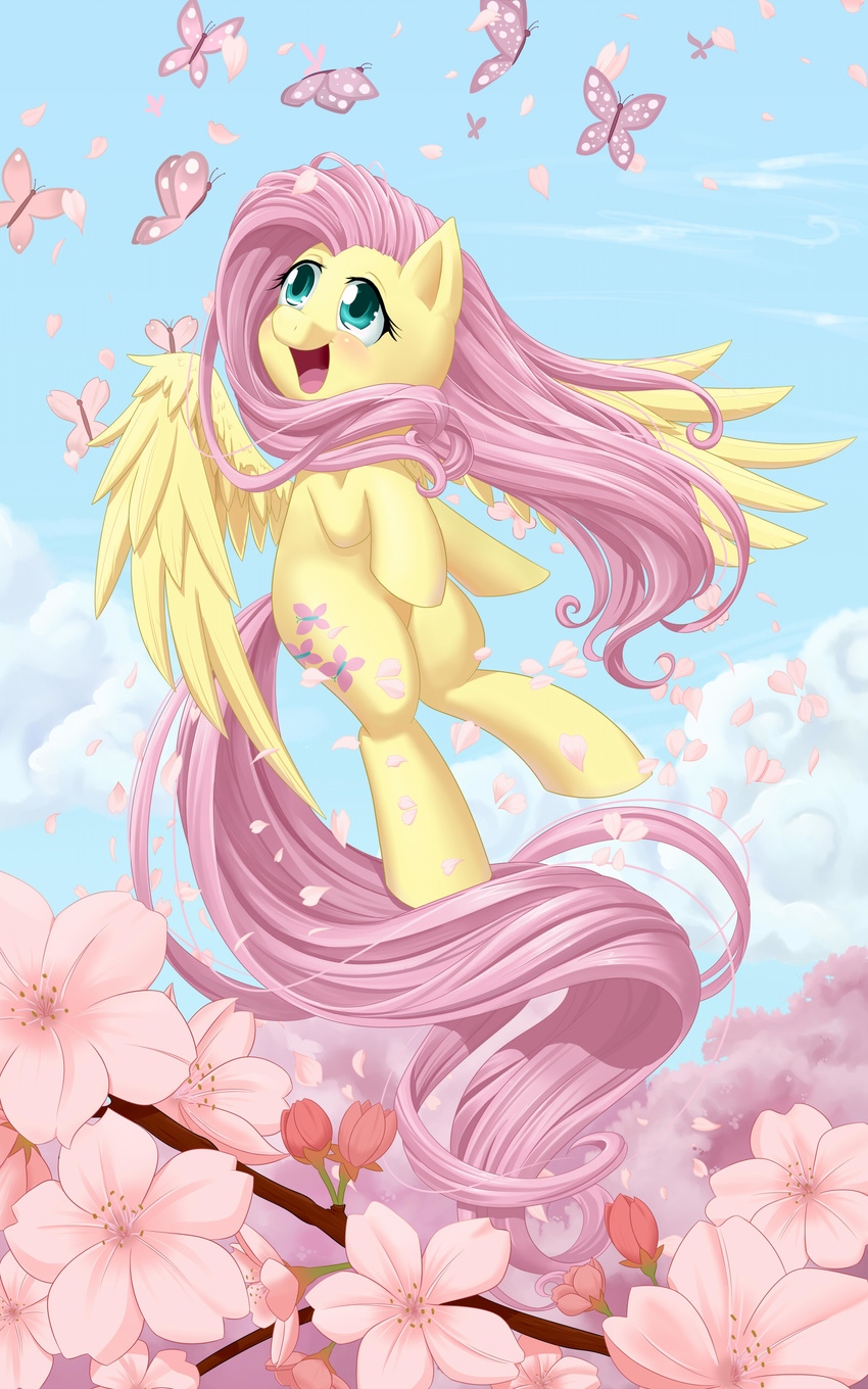 arthropod blue_eyes butterfly cloud clouds cutie_mark dstears equine female feral flower fluttershy_(mlp) flying friendship_is_magic fur hair hi_res horse insect long_hair looking_up mammal my_little_pony open_mouth pegasus petals pink_hair pony sky smile solo tongue tree windy wings yellow_fur