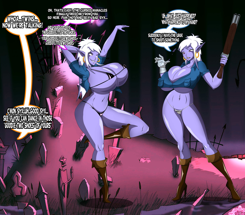 absurd_res army_of_darkness big_breasts breasts cleavage clothed clothing crossover dark_elf dialog elf english_text evil_dead female grimphantom gun hi_res huge_breasts ranged_weapon shotgun syx text weapon