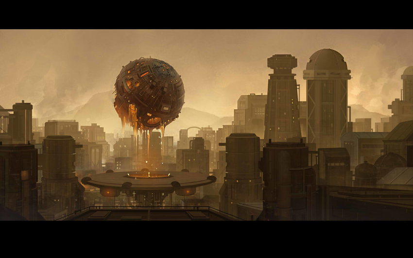 bad_pixiv_id building cityscape cloud cloudy_sky dripping industrial letterboxed lu_ying no_humans pixiv_fantasia pixiv_fantasia_new_world scenery sepia sky sphere wallpaper