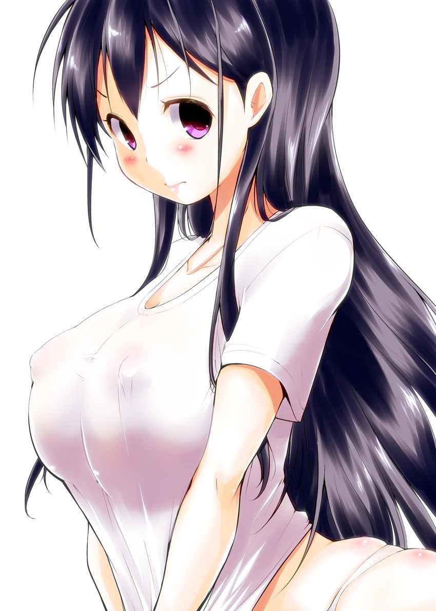 absurdres black_hair blush breasts covered_nipples highres kaizuka large_breasts long_hair looking_at_viewer original panties purple_eyes shirt_tug simple_background solo underwear white_background