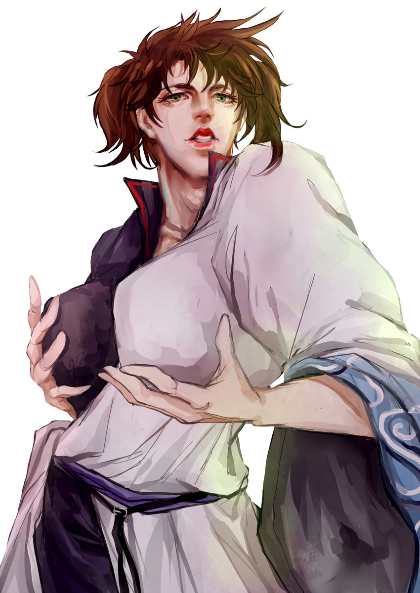 bad_id bad_pixiv_id breasts brown_hair cosplay genderswap genderswap_(mtf) gintama green_eyes hadanugi_dousa highres japanese_clothes jojo_no_kimyou_na_bouken joseph_joestar_(young) kilva_lollop kimono large_breasts long_sleeves parody sakata_gintoki sakata_gintoki_(cosplay) seiyuu_connection self_fondle short_sleeves solo sugita_tomokazu twintails