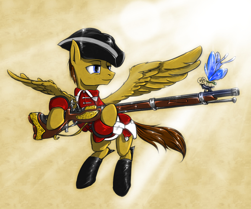 arthropod blue_eyes boots brown_hair butterfly clothing equine flying gun hair hat horse insect jacket madhotaru male mammal musket my_little_pony outside pegasus pony ranged_weapon redcoat rifle sky weapon wings