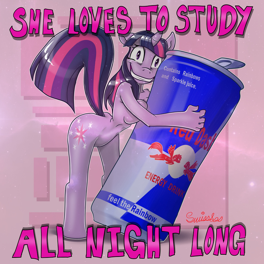 absurd_res anthro anthrofied breasts can energy_drink english_text equine female friendship_is_magic hair hi_res horn horse insane mammal multi-colored_hair my_little_pony pony purple_eyes red_bull solo swissleos text twilight_sparkle_(mlp) unicorn