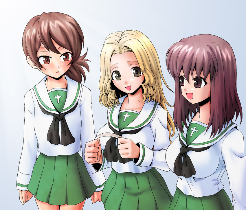 alternate_costume blonde_hair blush breasts brown_eyes brown_hair girls_und_panzer hairband kamishima_kanon kawanishi_shinobu kondou_taeko large_breasts long_hair multiple_girls ooarai_school_uniform ponytail sasaki_akebi school_uniform serafuku smile