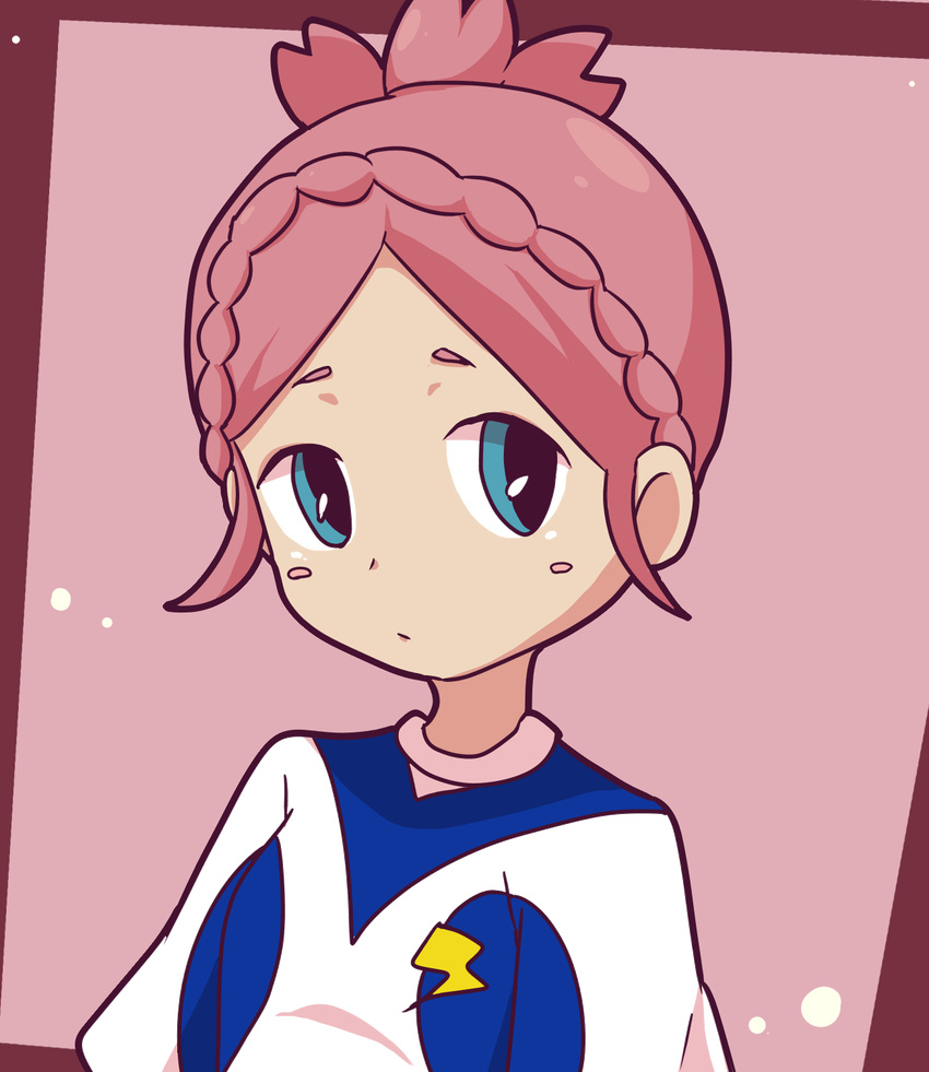 bad_id bad_pixiv_id blue_eyes blush_stickers highres inazuma_eleven_(series) inazuma_eleven_go inazuma_eleven_go_galaxy lightning_bolt nozaki_sakura pink_hair shinsei_inazuma_japan soccer_uniform solo sportswear upper_body yunicol