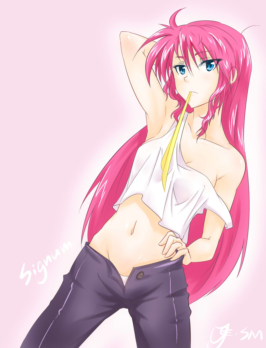 armpits artist_name bare_shoulders breasts character_name cleavage hair_down highres long_hair lyrical_nanoha mahou_shoujo_lyrical_nanoha mahou_shoujo_lyrical_nanoha_a's medium_breasts midriff mouth_hold navel panties pants pink_hair signum sm318 solo strap_slip tank_top underwear