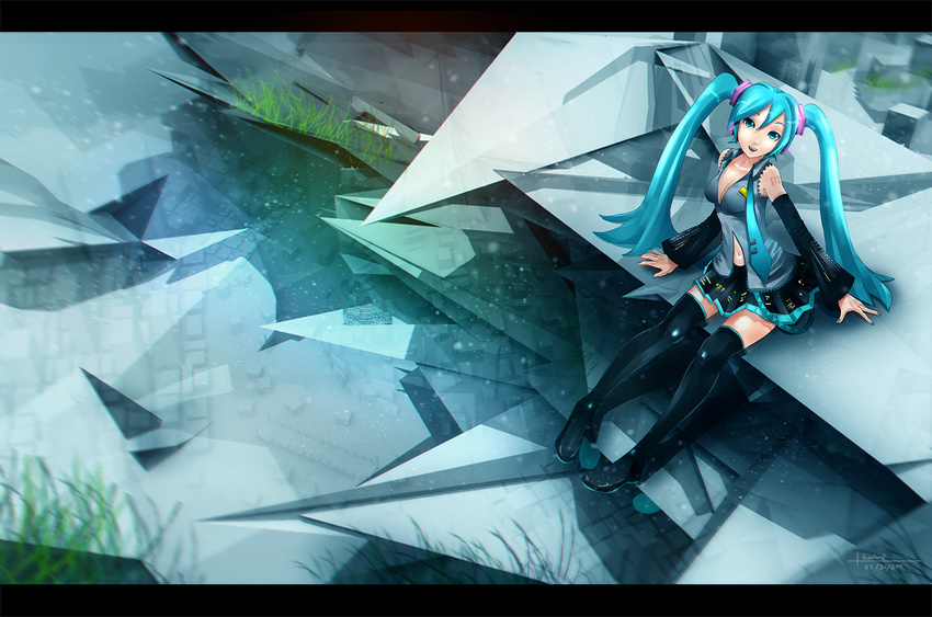 2013 aqua_eyes aqua_hair artist_name boots dated detached_sleeves goodend hatsune_miku highres letterboxed long_hair looking_at_viewer nail_polish navel necktie sitting skirt solo thigh_boots thighhighs twintails very_long_hair vocaloid