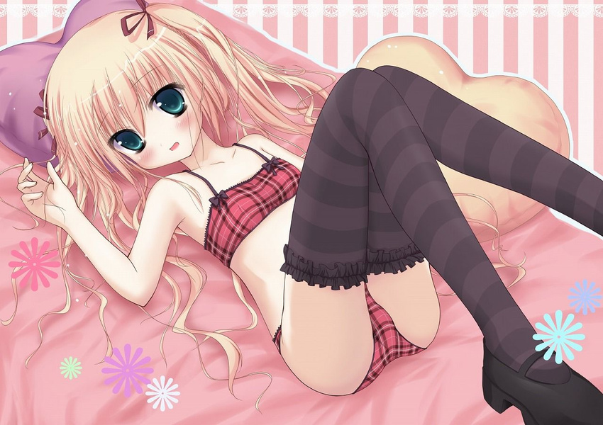 :d bed bed_sheet black_legwear blonde_hair blush bra collarbone copyright_request flat_chest frilled_legwear green_eyes heart heart_pillow looking_at_viewer lying maekawa_yuho on_back open_mouth panties pillow plaid plaid_bra plaid_panties purple_legwear shoes slim_legs smile striped striped_background thighhighs underwear underwear_only vertical-striped_background vertical_stripes