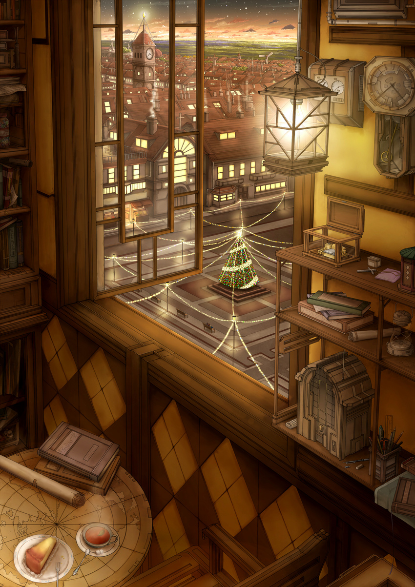 building cake christmas christmas_tree cityscape clock clock_tower food highres lantern no_humans original pei_(sumurai) scenery scroll tea tower tree window