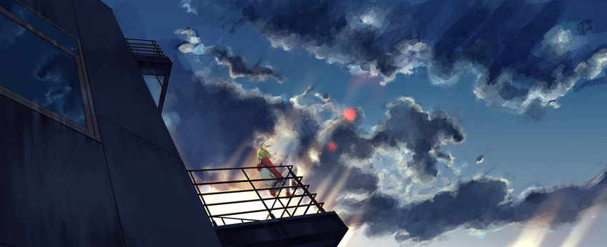 absurdres back balcony blonde_hair bow building cloud cloudy_sky cross-laced_footwear dutch_angle from_below glass hair_bow hairband highres hood hood_down hoodie kagamine_rin long_sleeves no.734 outdoors railing red_footwear reflection shoes short_hair shorts sitting sky socks solo sunlight vocaloid wind window