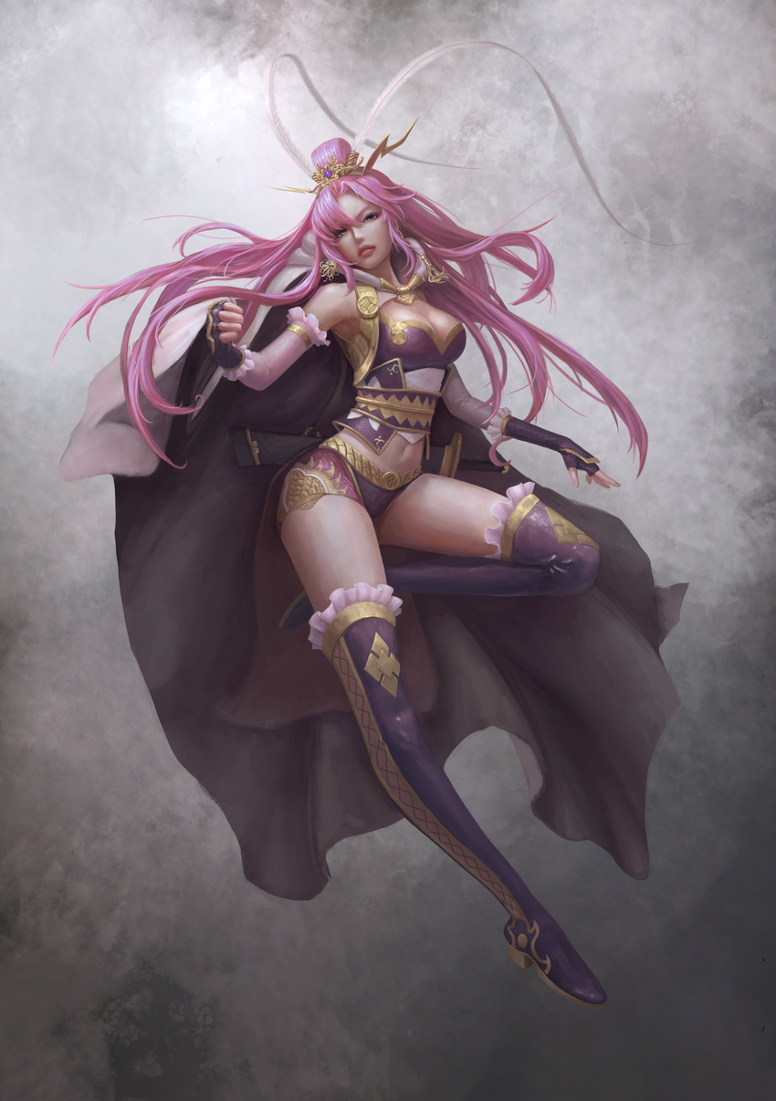 absurdres boots breasts cape cleavage earrings fingerless_gloves gloves headdress highres ioio_ontop jewelry large_breasts long_hair midriff navel original pink_hair solo sword thigh_boots thighhighs weapon