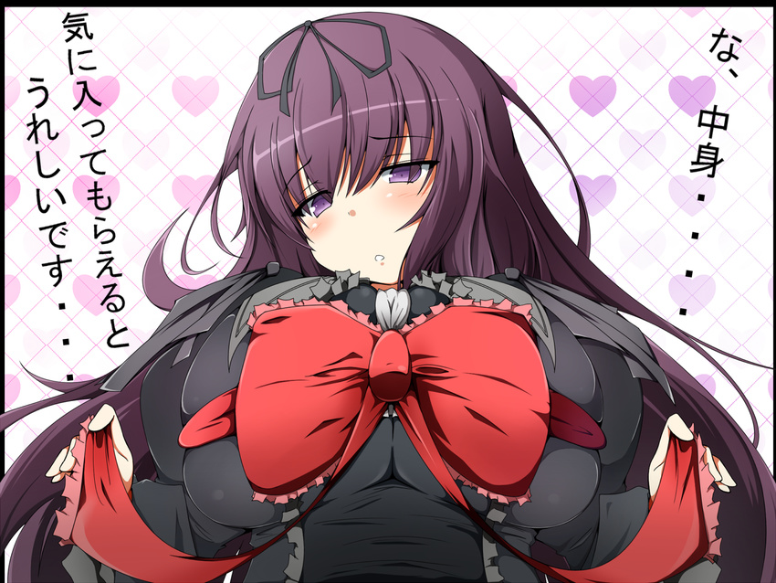 blush bow breasts gothic_lolita hair_ribbon heart huge_breasts lolita_fashion long_hair murasaki_(senran_kagura) parted_lips purple_eyes purple_hair ribbon senran_kagura senran_kagura_shinovi_versus skindentation solo tenpesuto translated