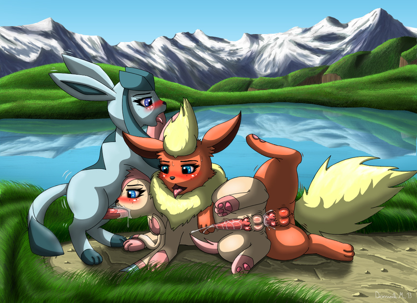 anal anal_penetration animal_genitalia balls blue_eyes blush canine_penis cum cum_in_ass cum_in_mouth cum_inside cumshot digitigrade eeveelution erection fellatio feral flareon gay glaceon grabbing group group_sex hands-free hindpaw interspecies knot lake lying male mountain nintendo nude on_side open_mouth oral oral_sex orgasm pawpads paws penetration penis pok&#233;mon pok&eacute;mon sex spread_legs spreading sylveon threesome toes tongue tongue_out unknown_artist video_games zimli