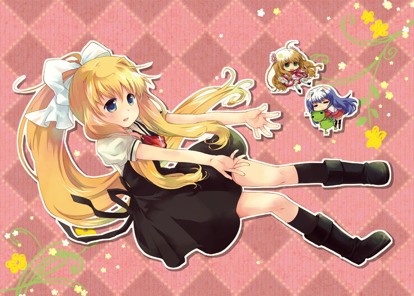 air blonde_hair blue_eyes chibi company_connection crossover frog kamio_misuzu kanbe_kotori kanon keropii key_(company) long_hair minase_nayuki misaki_kozue multiple_girls ponytail rewrite school_uniform stuffed_toy