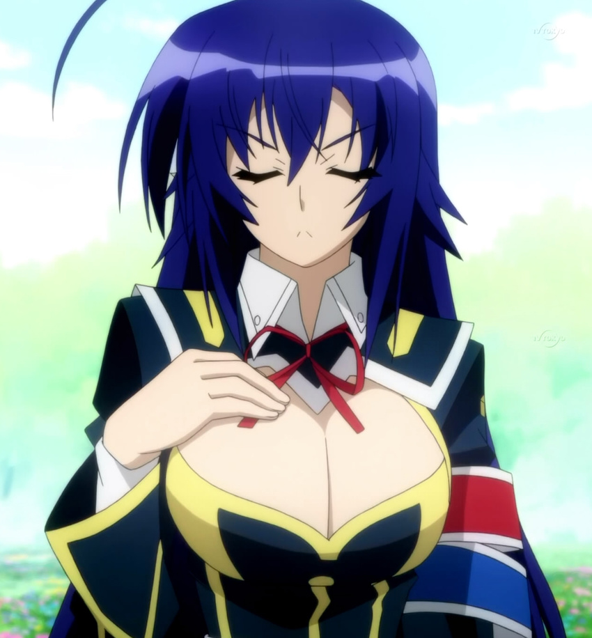 1girl antenna_hair armband blue_hair bow bowtie breasts cleavage cloud clouds eyes_closed fingers hands highres kurokami_medaka large_breasts long_hair medaka_box school_uniform serious sky solo standing